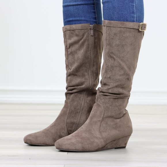 Taupe Faux Suede Round Toe Low Kitten Wedge Heel Mid Calf Boots - Picture 13 of 13